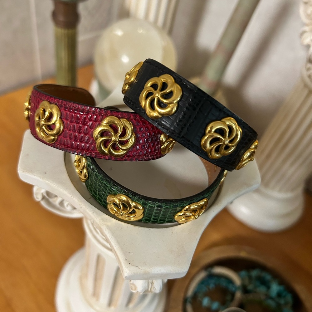 HERMES  Set of 3 Gold Accented Red, Black, and Green Bracelets Mixed Leathers